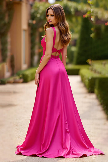 Fuchsia A Line Spaghetti Straps Satin Long Formal Dress With Slit